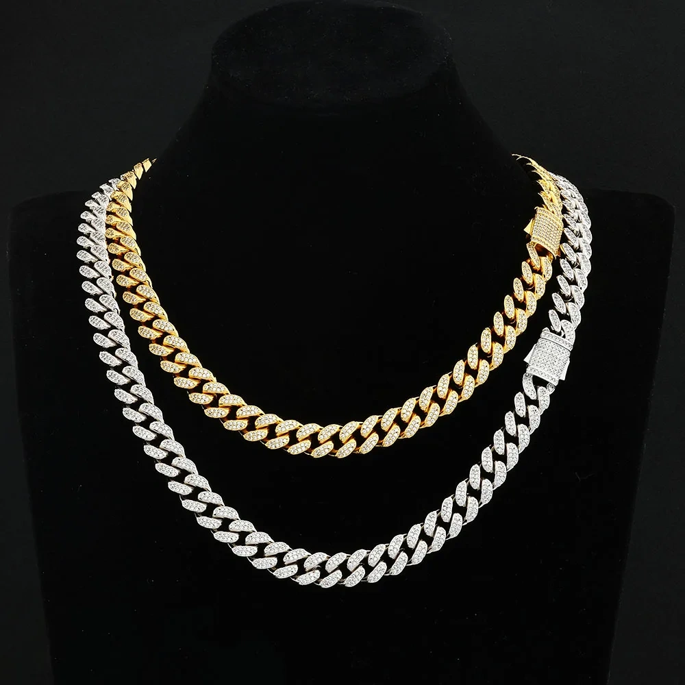 ESKEEM 12mm Iced Cuban Link Chain Bling Brass CZ For Men Women 2 Rows Choker Necklace Plating White Gold Plated Hip Hop Jewelry