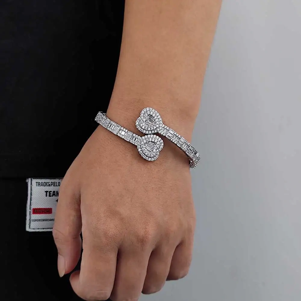 Men Hip Hop Iced Out Bling Luxury Heart Women Rectangular Drill CZ Cubic Zirconia Bangles Bracelet