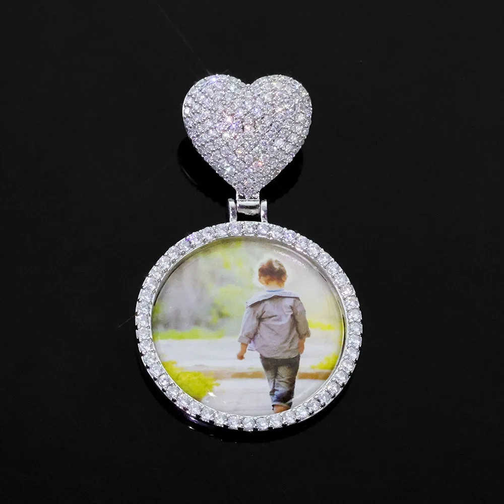 ESKEEM Custom Heart Bail Circle Chain Photo Pendant Necklace DIY Iced Out 35mm Photo Frame Pendant Hip Hop Necklace Jewelry