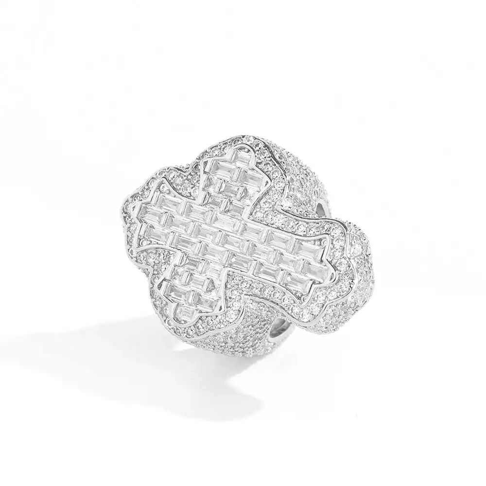 Hip Hop Luxury Religions With Christianity Ring Jewelry Iced Cubic Zirconia Big Cross Ring For Men Women