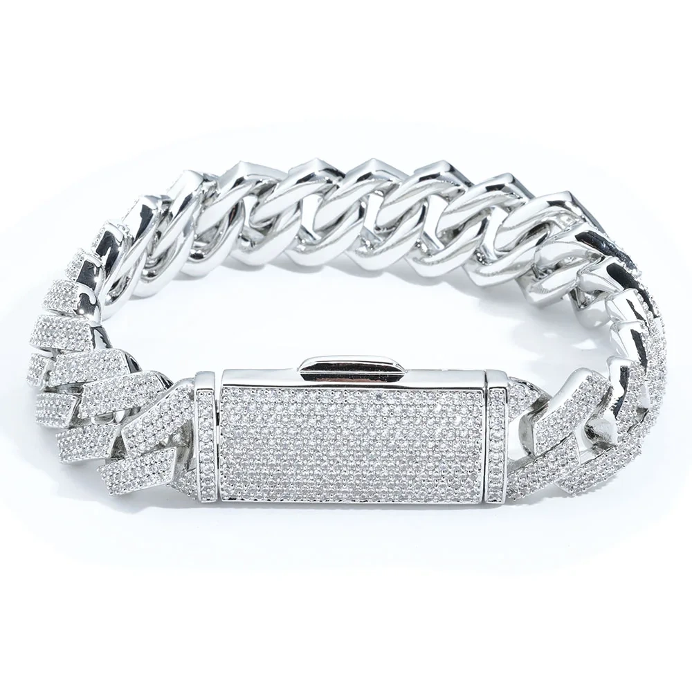 Hip Hop Jewelry Iced Out 5A CZ Diamond Cuban Necklace 16MM 3 Rows Prong Setting Cuban Link Chain Long Buckle Necklace Men