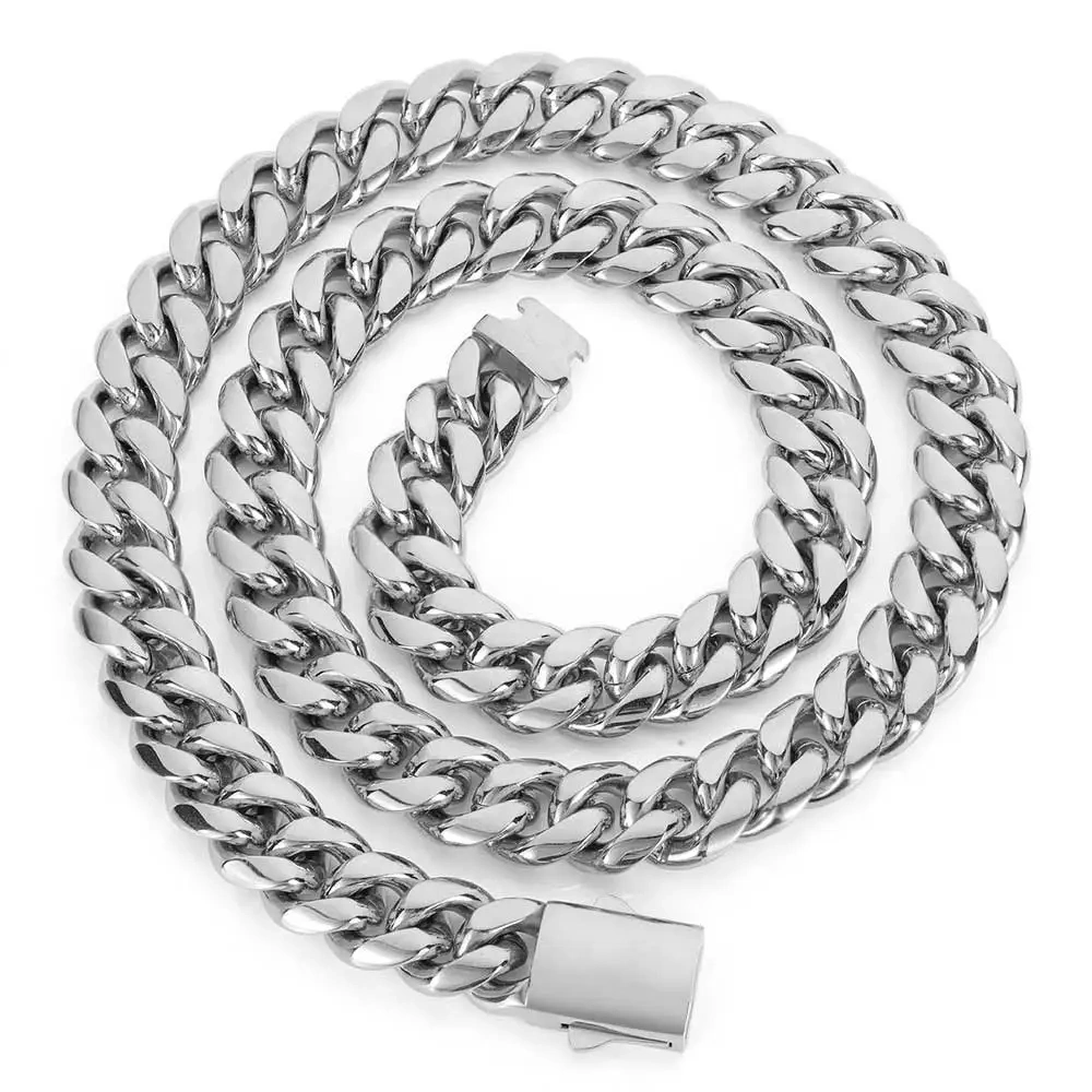 Hip Hop Stainless Steel Necklace 8/10/12/14MM Snap Clasp Men Miami Cuban Chain Necklace Jewelry For Girls Gift Free Laser Logo
