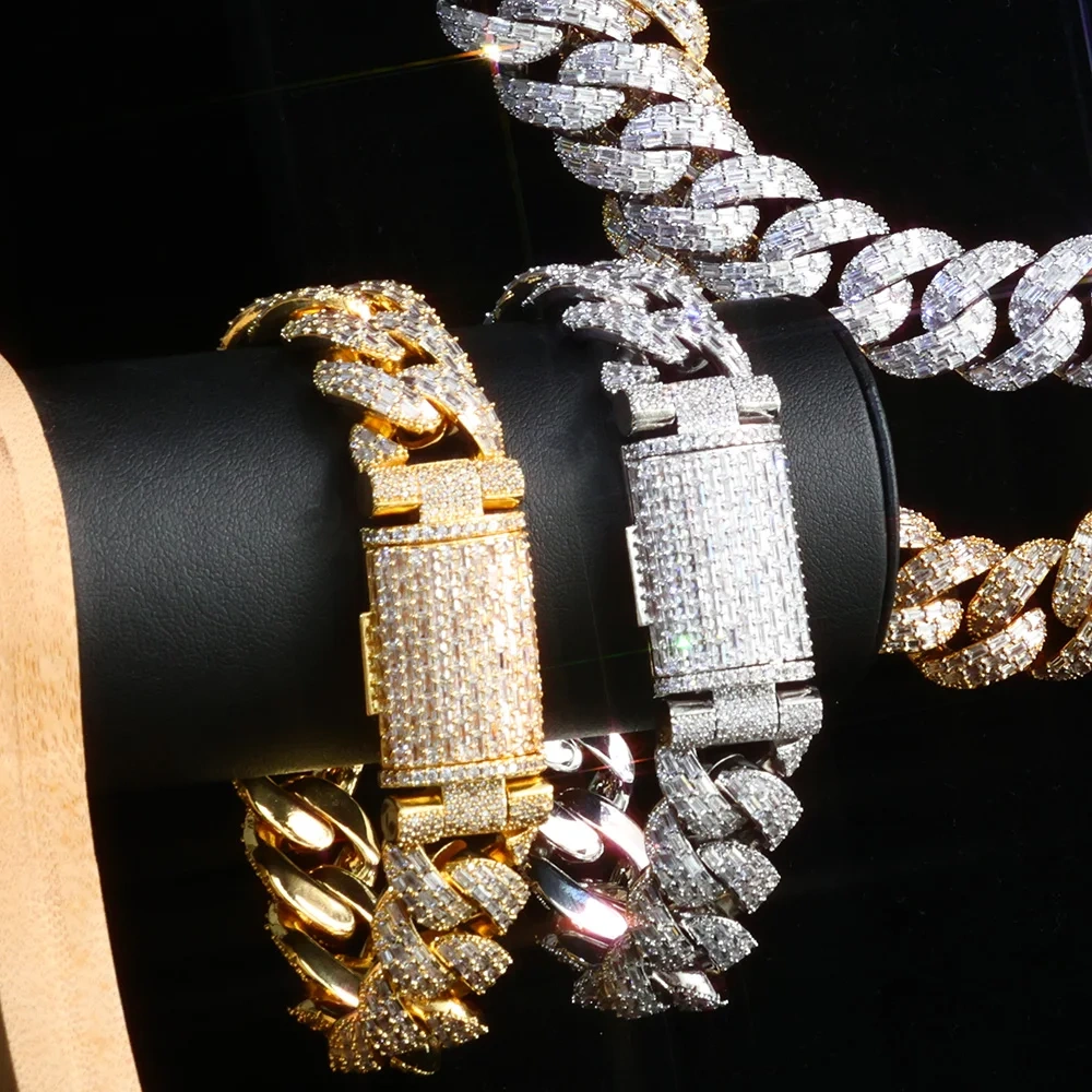 ESKEEM 20mm 3 Rows Cubic Zirconia Cuban Bracelet Iced Out CZ Baguette Cut Diamond Inlay Thick Chain Hip Hop Fine Jewelry