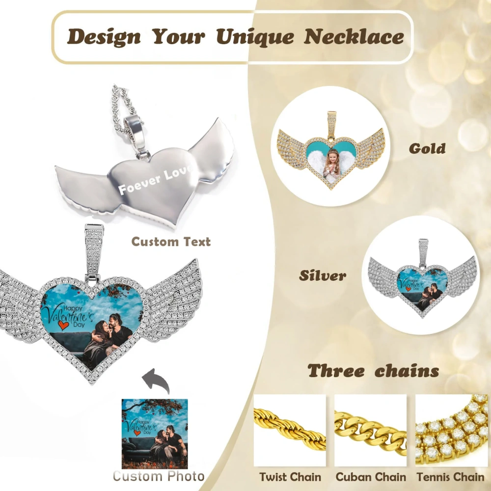 Customized Heart Photo Necklace Men and Women Hip Hop Personalized Wing heart Picture Pendant Iced Charm Free Custom Logo