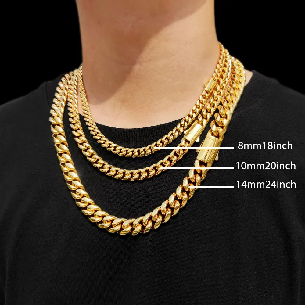 Hip Hop Stainless Steel Necklace 8/10/12/14MM Snap Clasp Men Miami Cuban Chain Necklace Jewelry For Girls Gift Free Laser Logo