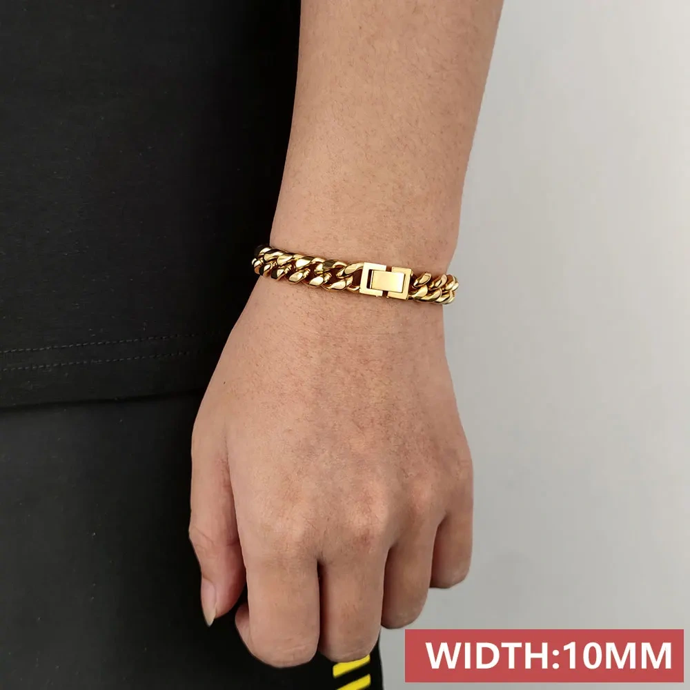 6/8/10/2/14/16MM Width Hip Hop Jewelry Miami Stainless Steel Rectangle Clasp Curb Cuban Link Bracelets For Men