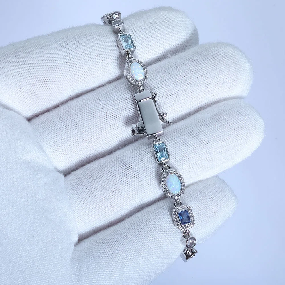 ESKEEM 6mm Geometric Gemstone Motif Iced Out Blue Chain Multicolor CZ Stones White Gold Plated Diamond Necklace Hip Hop Jewelry