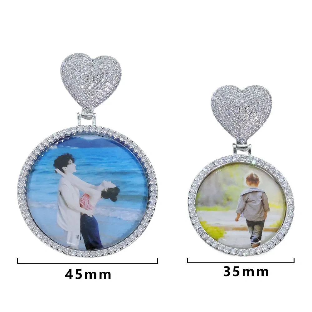 Custom 35/45mm Circle Chain Medal Disc Photo Pendant With Heart Clasp Memory Picture Pendant Engrave Name HipHop Fashion Jewelry