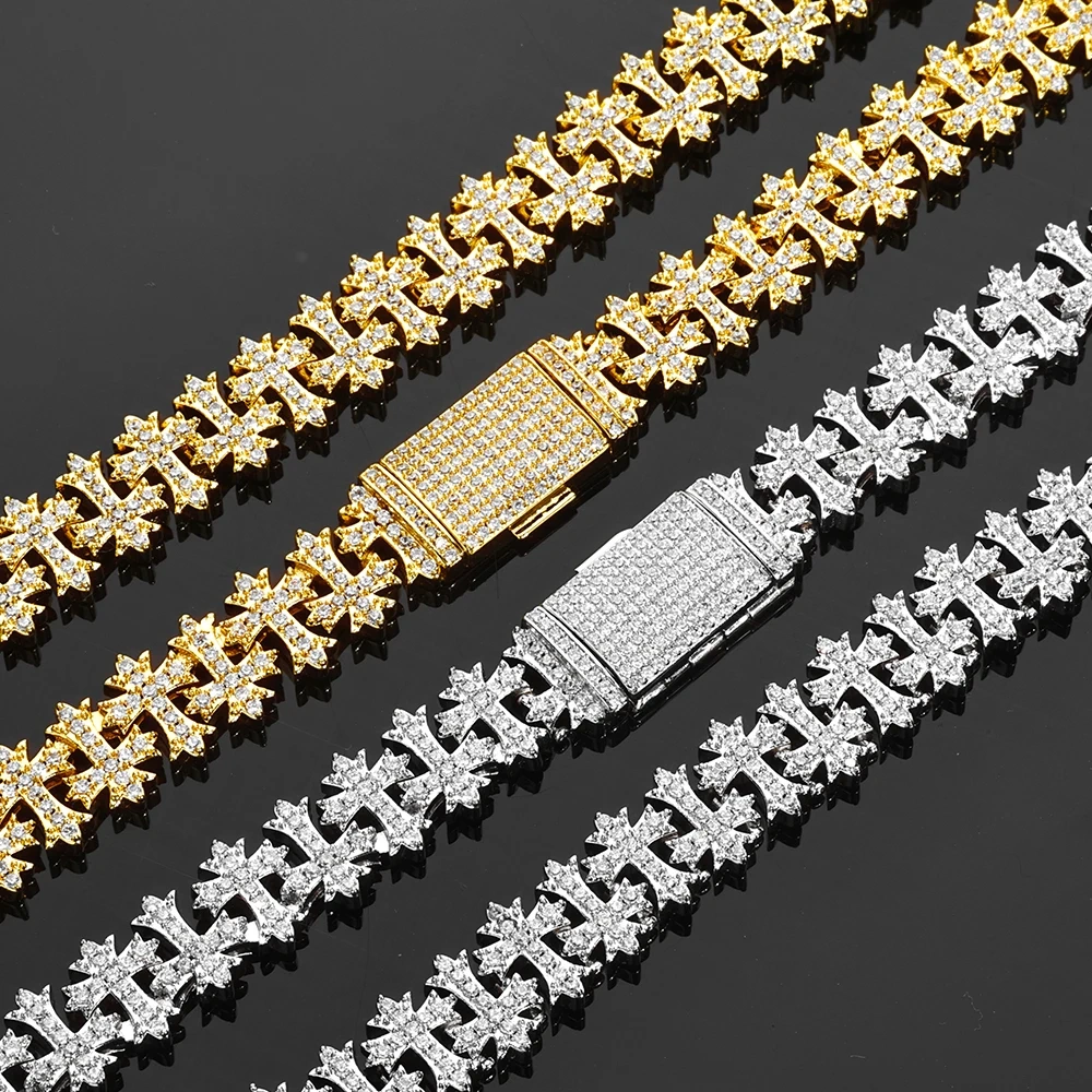 ESKEEM Hip Hop Jewelry 11MM Iced Cross Bracelet CZ Diamond Brass Hand-Setting Snowflake Cross Link Bracelet for Men Women Gift
