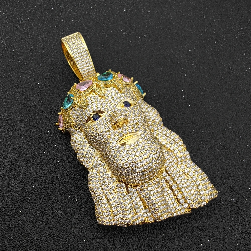 Mens Diamond Jesus Head Inlaid Colorful Zircon Silver Gold Face Christ Big Pendant For Gift Drop Shipping