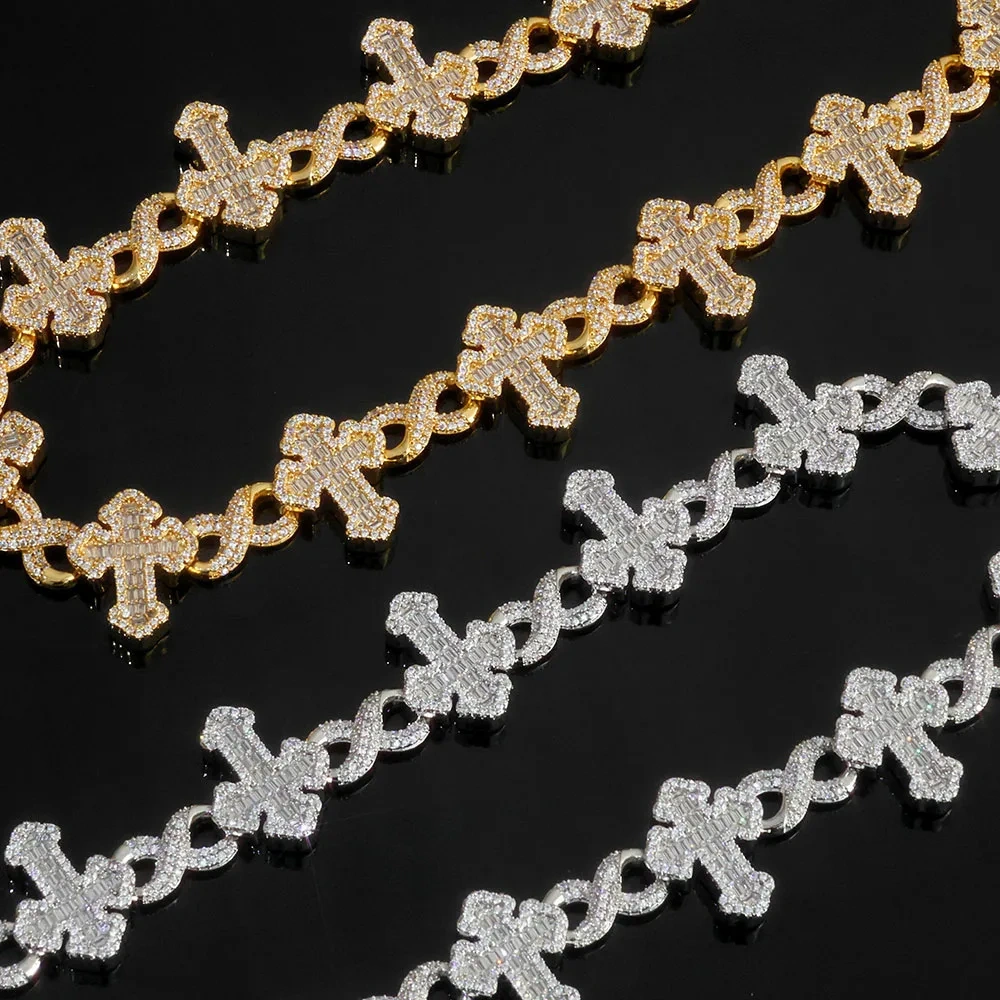 ESKEEM Luxury 15MM Iced Out Pants Chain Silver Plated Cross and 8-Character Infinite Design Bling Zircon Fine Hip Hop Jewelry