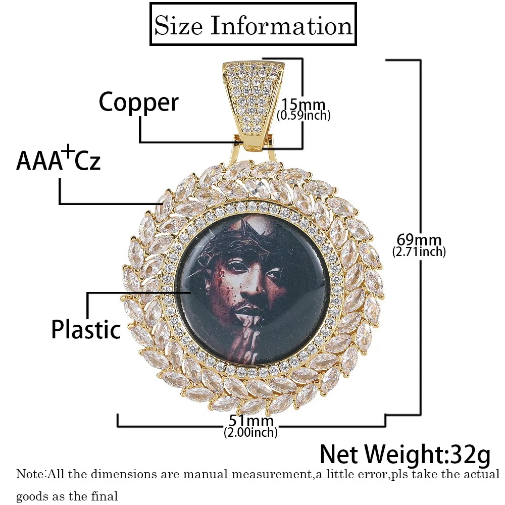 Hip Hop Iced Out Jewelry Picture Custom Pendant Blank Zircon Medallion Photo Necklace Free Item Engraving Logo And Shipping