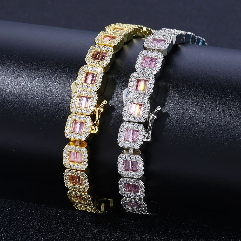 Hip Hop 8mm Square Diamond Brass Baguette Tennis Bracelet 18K Gold Plated Iced Out CZ Tennis Chain Jewelry For Men