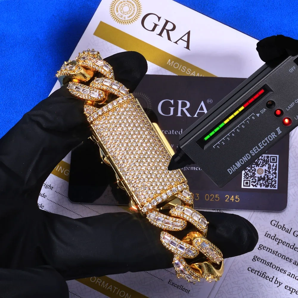 NUOYA 18mm 3 Row Moissanite Cuban Link Chain 925 Silver Full Iced Out VVS Moissanite Bracelet Hip Hop Jewelry