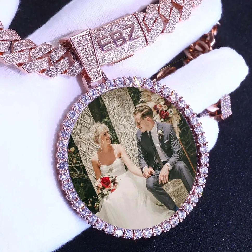 15mm Cuban Chain with Big Circle Photo Pendant Rose Gold Plated Hip Hop Picture Necklace Jewelry Gift Custom Letter/Name/Logo