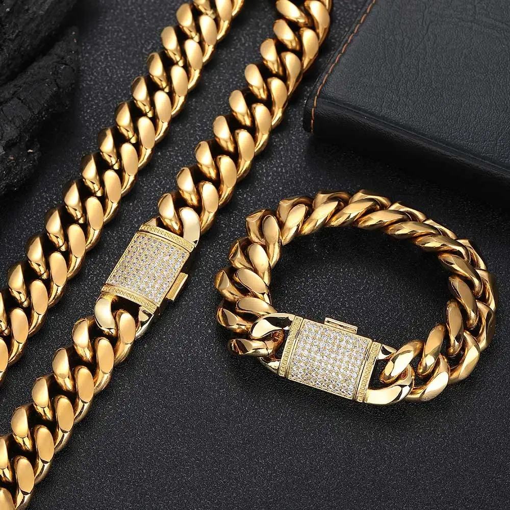 18Mm 5A CZ Iced Out Lock Miami Stainless Steel Thick Heavy PVD Plated Cuban Link Chain Punk For Men Hip Hop Jewelry