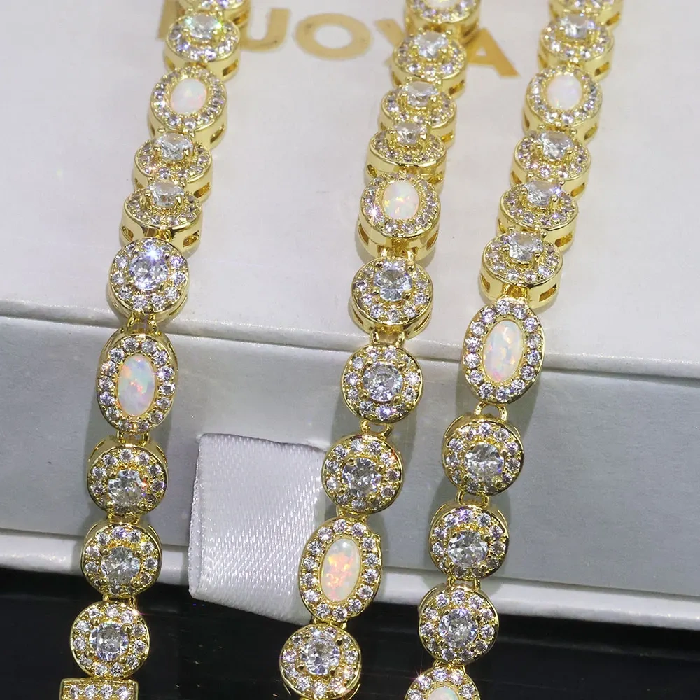 Hip Hop White CZ Flame Opal Tennis Chain Jewelry Round Cubic Zircon Oval Opal Diamond Iced Out Cluster Tennis Necklace for Women