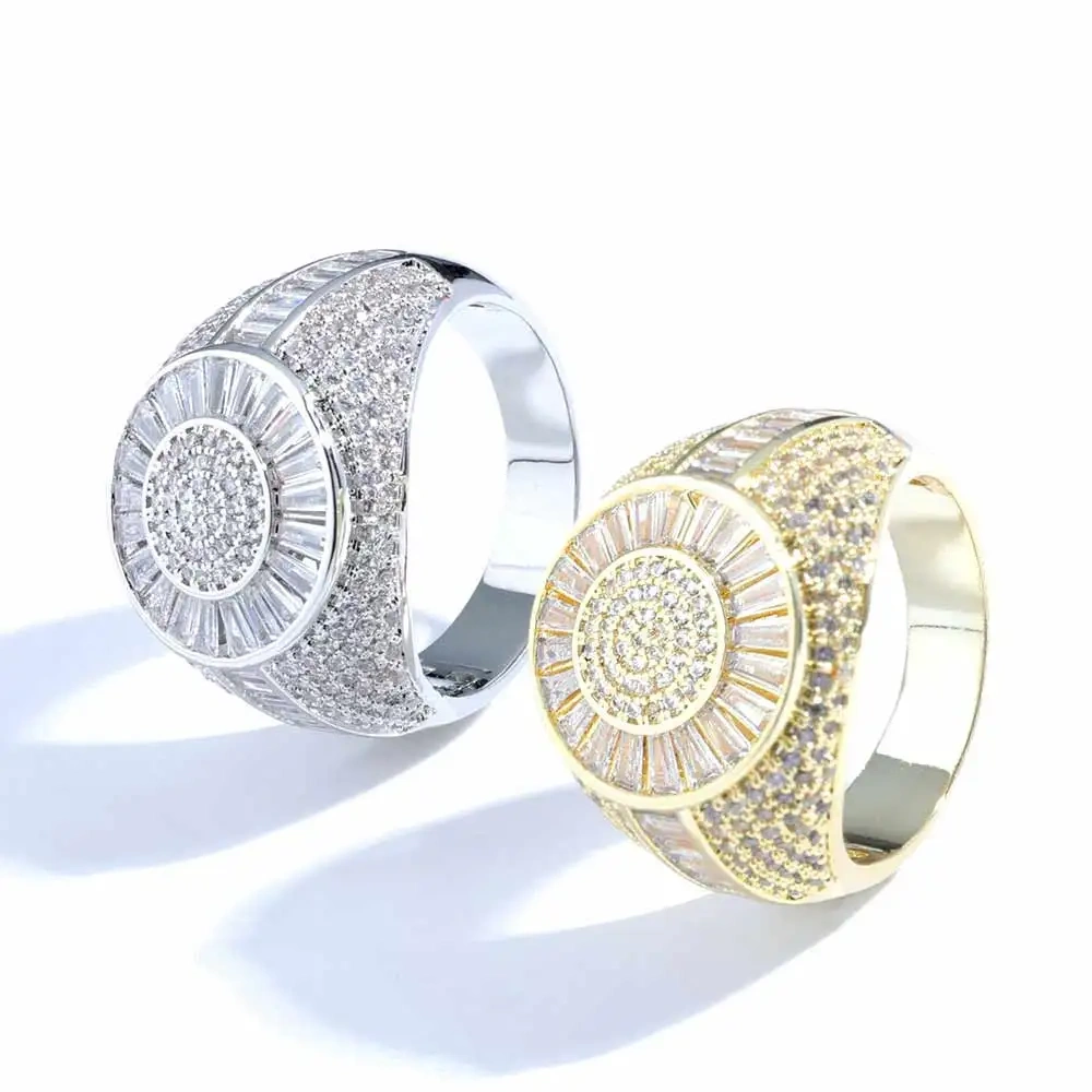 ESKEEM New Arrival Luxury Iced Out Ring Hip Hop Brass Baguette Diamond CZ Round Ring For Women Men Jewelry Party Gift