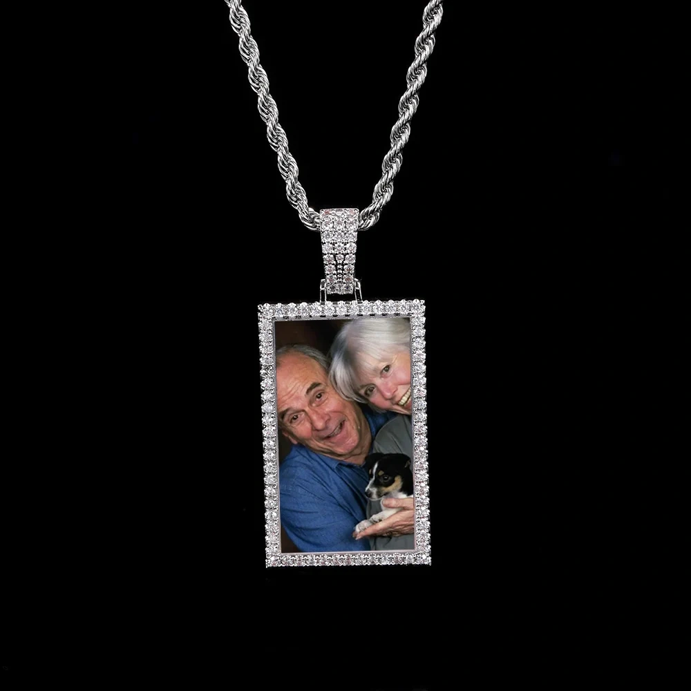 Custom Made Photo Rectangle Shape Pendant Necklace Zircon Men's Hip Hop Jewelry Memory Picture Pendant For Men Gift