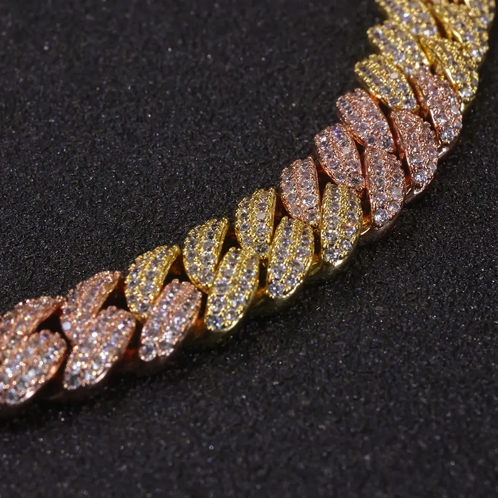 Hip Hop 10mm Iced Out Cuban Chain Bracelet Fine Jewelry Rose Gold Plated Two Color Cuban Link Necklace Women Birthday Gift