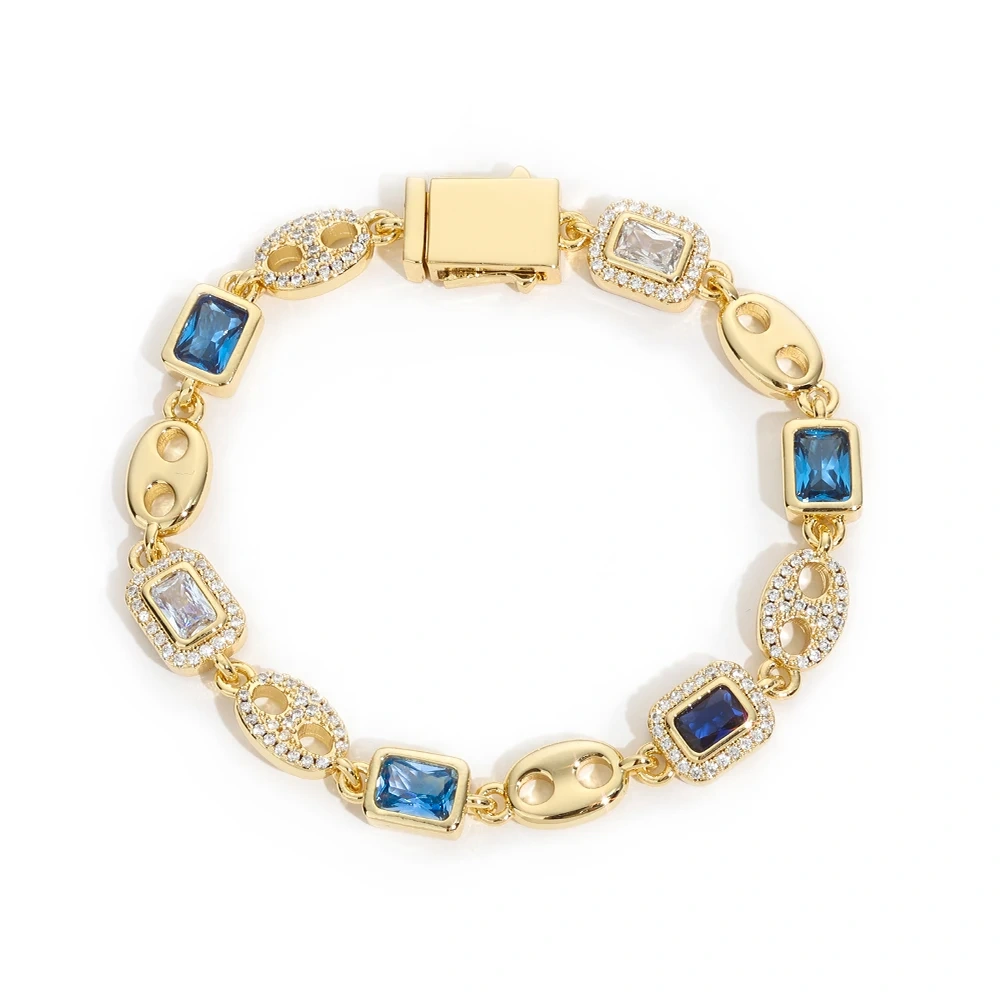 ESKEEM Sparkly Royal Blue/Sea Blue Tennis Chain New Iced Diamond Cubic Zirconia Pig Nose Link Necklace for Men Women