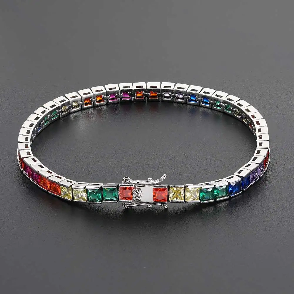 Fashion Jewelry Ice Out Rainbow Bracelet Brass Square 4mm 18K Gold Plated Colorful Cubic Zirconia Diamond Tennis Bracelet