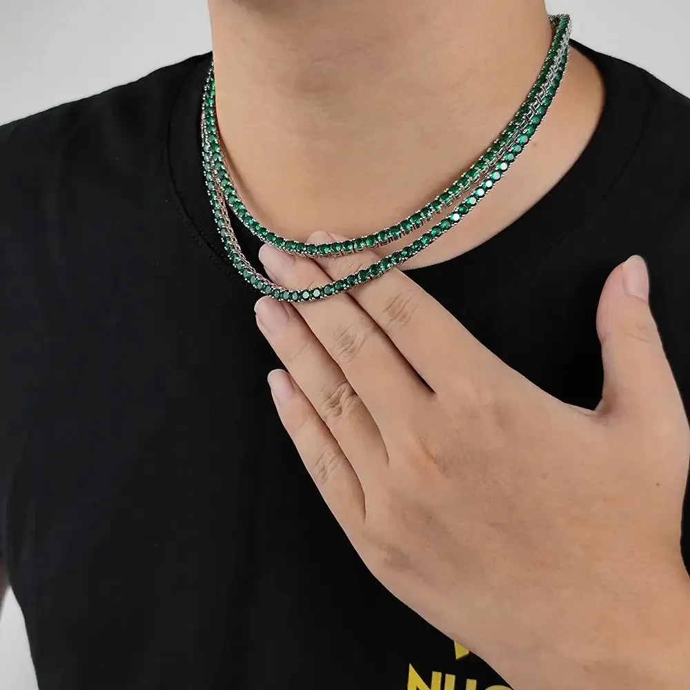 Hip Hop Bling Iced Out Tennis Chain Mens Women 4mm 1 Rows Custom Green Pink Jewelry Cubic  Zirconia Tennis Chain Necklace