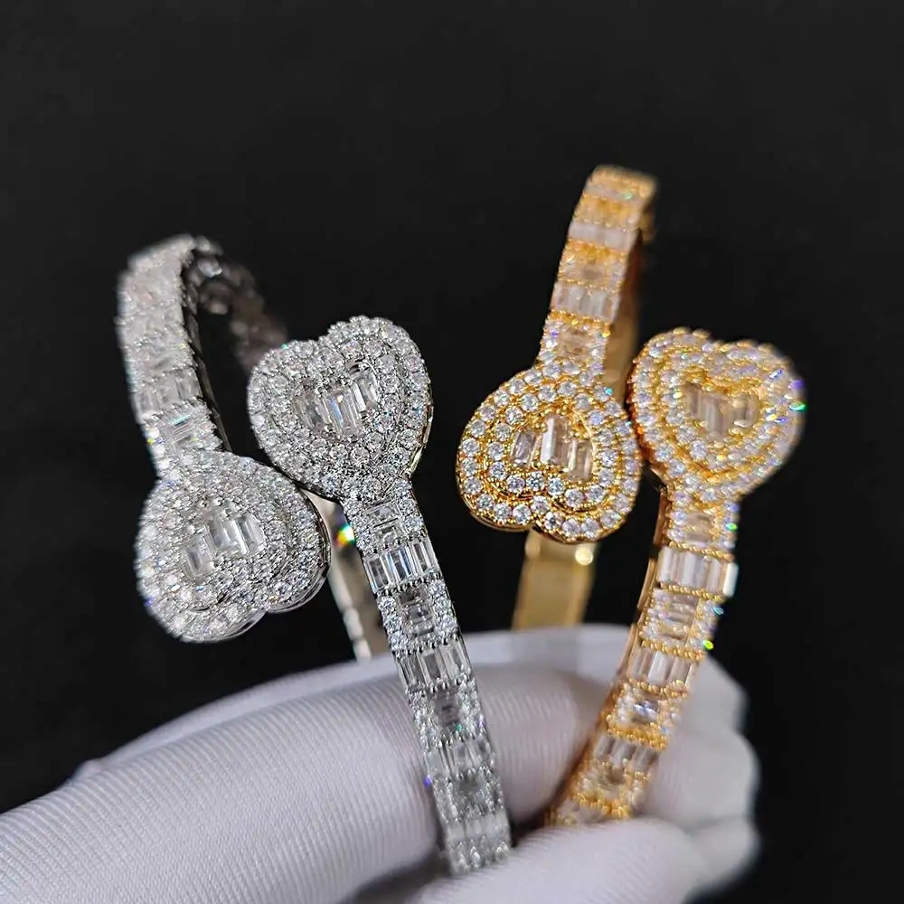 Fashion Hip Hop Jewelry Full Iced Out Heart Baguette CZ Bangle Bracelet Bling Bling Diamond Couple Bracelet 18K Gold Plated