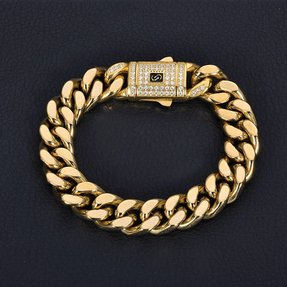 ESKEEM Hip Hop Monaco Bracelet PVD 14k Gold Plated Miami Cuban Link Chains 6/9/11/13MM Stainless Steel for Women And Men