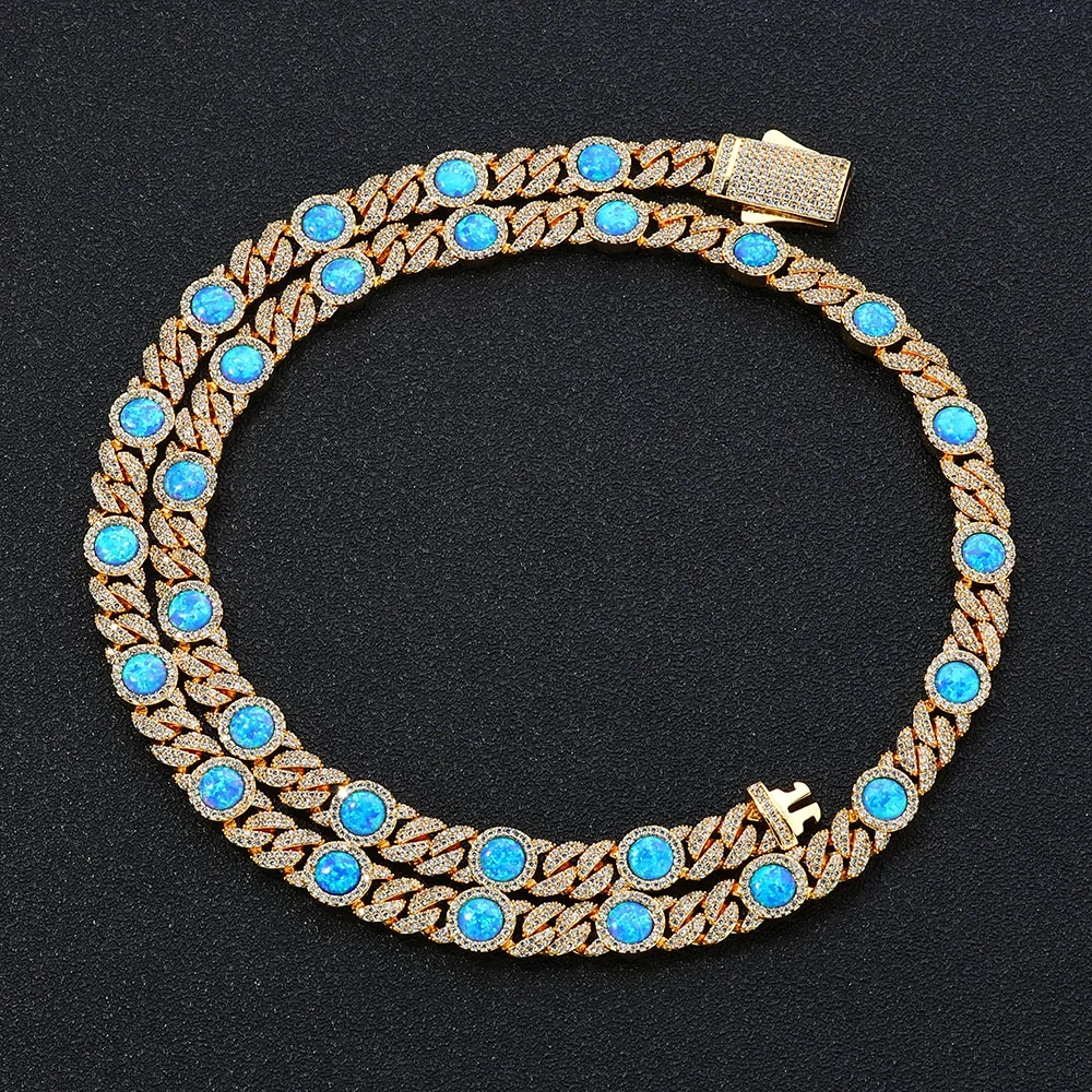 Hip Hop Jewelry 5A Cubic Zirconia Blue Opal Cuban Link Chain Bling Gold Plated Brass Diamond Cuban Necklace for Women Men