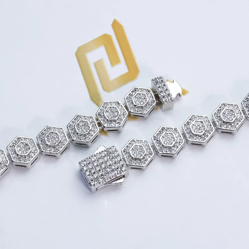 ESKEEM Hip Hop Jewelry Bling Geometric Hexago Iced Chain 8.5mm Diamond Tennis Link Chain Necklace for Unisex