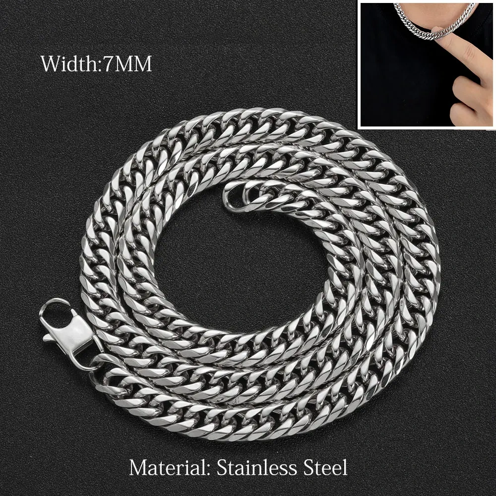 Hip Hop Jewelry 7/9.5MM Width Stainless Steel Miami 6 Side Cowboy clasp Cuban Chain Necklace 16-26"