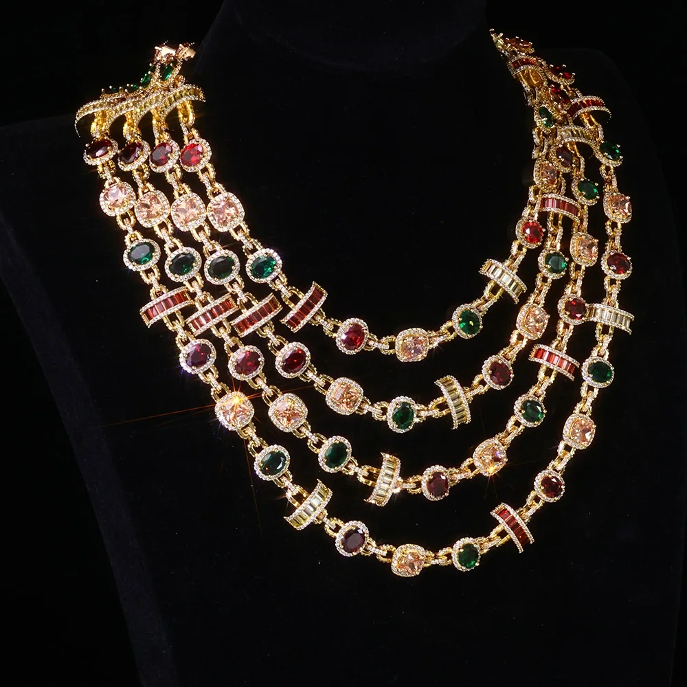 ESKEEM Rainbow Tennis Choker Women Jewelry Iced Out Multi Color Gemstone Necklace Colorful Stone Men Chain