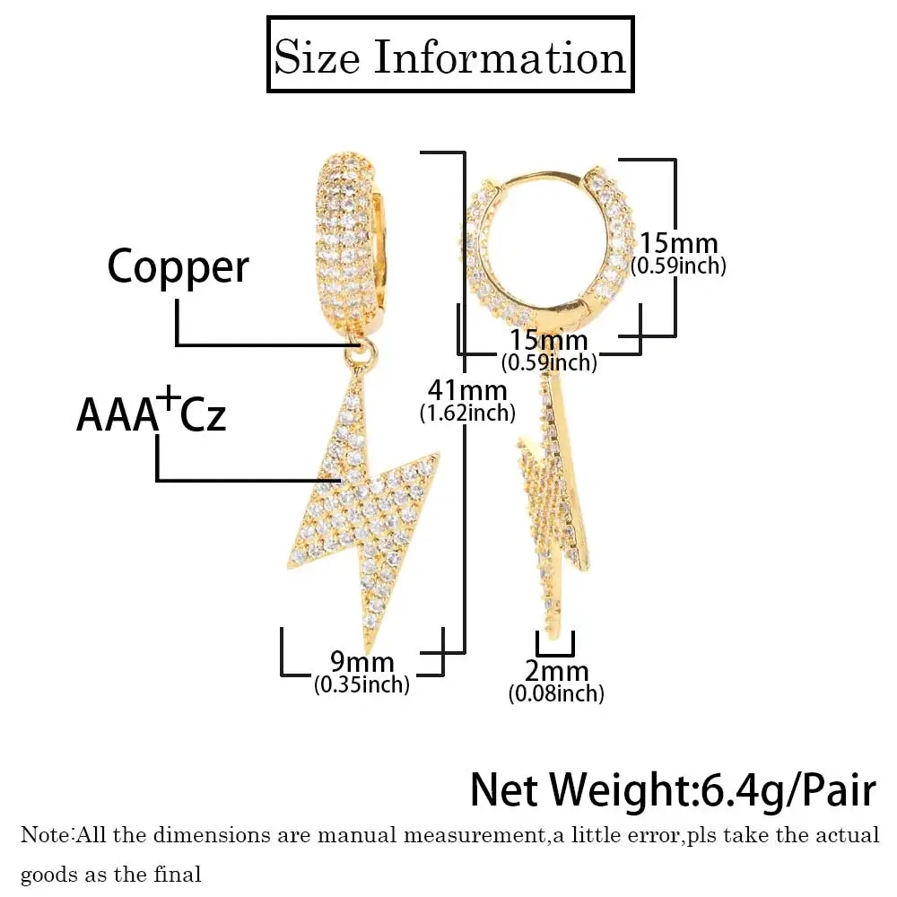 Iced Out Lightning Jewelry Hip Hop For Men Bling Hoop Drop Earrings