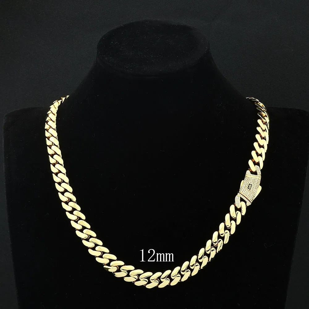 ESKEEM Iced Diamond Clasp Flat 12mm Miami Cuban Link Chain 14K Gold Plated Thick Solid Cuban Link Chain Hip Hop Jewelry for Men