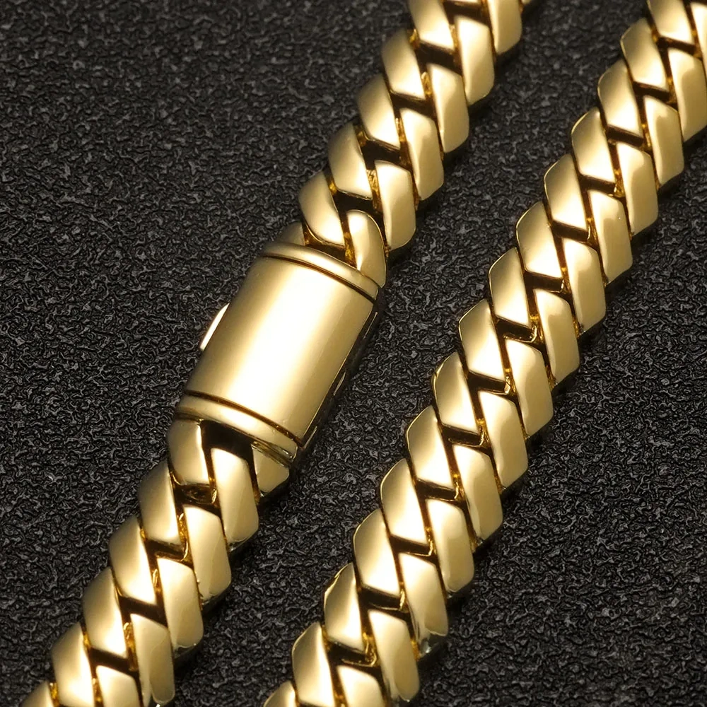 ESKEEM 12mm Miami Cuban Link Chain 14K Gold Plated Brass Hip Hop Jewelry Custom Rapper Men's Bracelet Gift