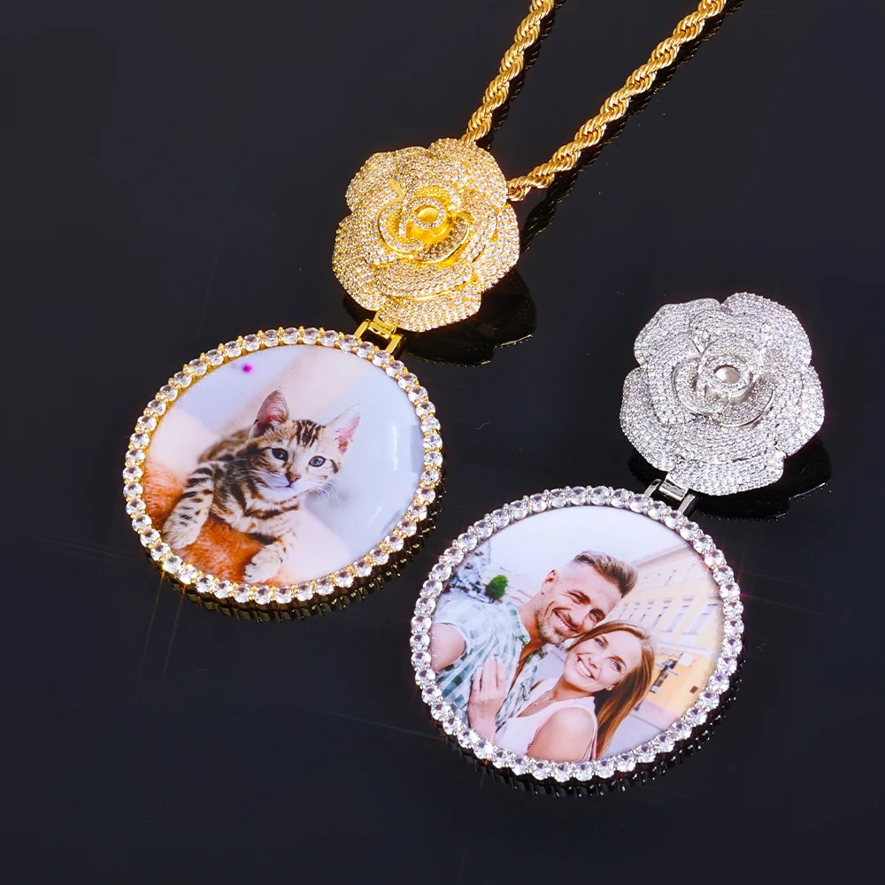 Customizable HipHop Rose Flower Bail Medallion Jewelry Personalized DIY Photo Memory Pendant 45/68mm Circle Picture Chain Gift