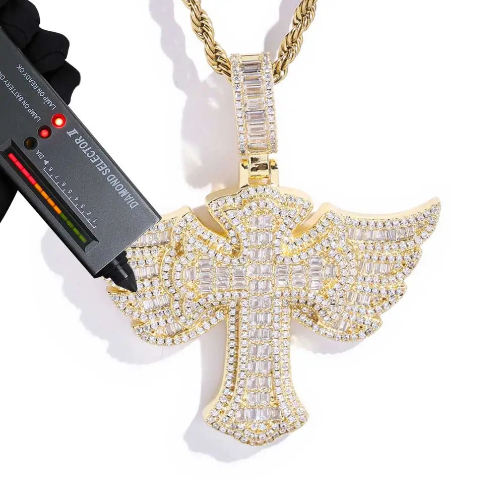 New 925 Sterling Silver Wings Cross Pendant Inlaid With VVS Moissanite Diamond Popular Hip-hop Cross Necklace Jewelry
