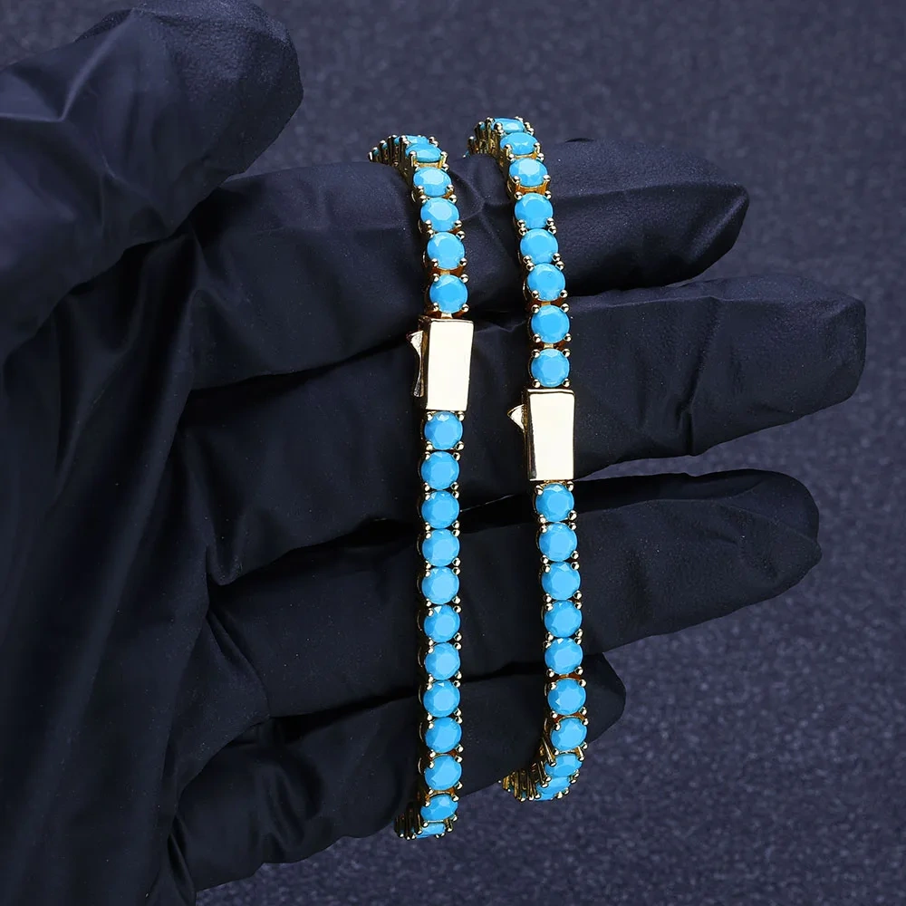ESKEEM Fashion Jewelry Women 4mm Custom Blue Turquoise Tennis Chain Bracelet 18K Gold Plated Tennis Bracelet for Gift ﻿