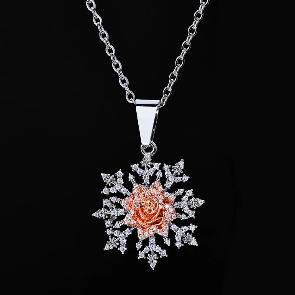 ESKEEM Fashion Christmas Jewelry Sparkling Snowflake Pendant With Roses Flowers Full Diamond Pendant Necklace Jewelry Present