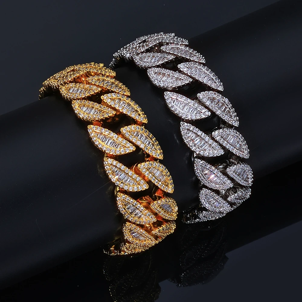 ESKEEM Luxury Hip Hop Bracelet 20MM Cuban Chain Full Iced Out Mixed Baguette Round Cubic Zirconia Inlay Jewelry