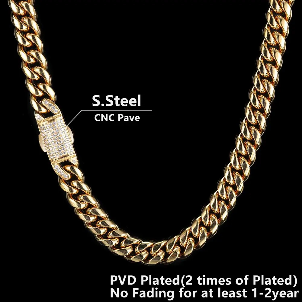 12mm Hip Hop Stainless Steel Jewelry Homme Cadena  Luxury Miami Cuban Link Chain Men Rapper Rock Necklace