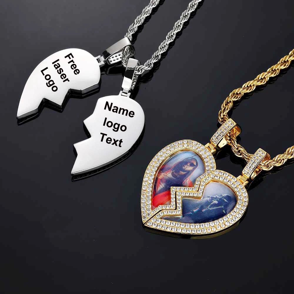 New Arrivals Broken Heart Photo Pendant Custom Memory Picture Frame Charm  Iced Out Pendant Necklace Hiphop Jewelry
