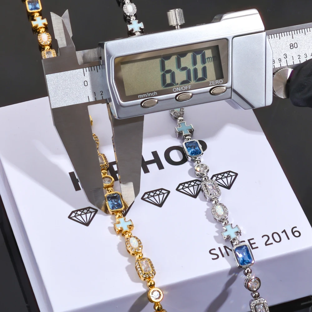 ESKEEM Geometric Oil Drip Blue Cross Bracelet 6mm Iced Out Blue CZ Gemstone Motif Chain Hip Hop Jewelry