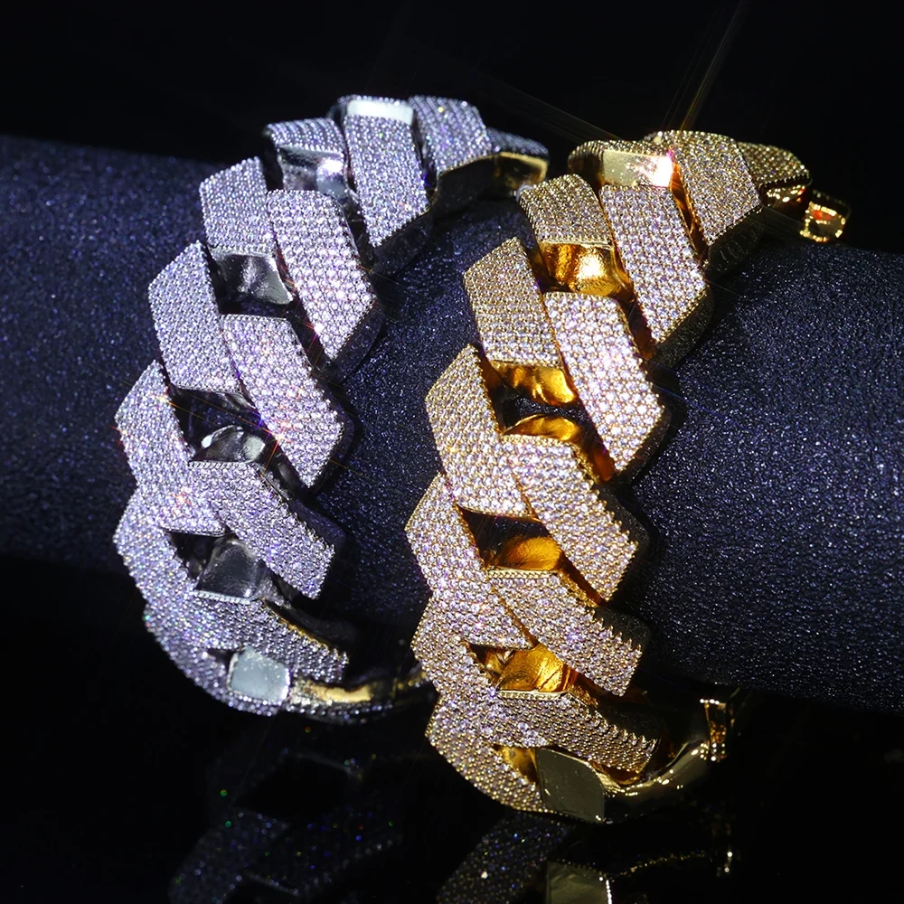 Mens Cuban Link Chain Bracelet Gold Plated Bling Miami Cuban Prong Set Diamond Bracelet for Men 25MM Iced Out Hip Hop Jewelry ﻿