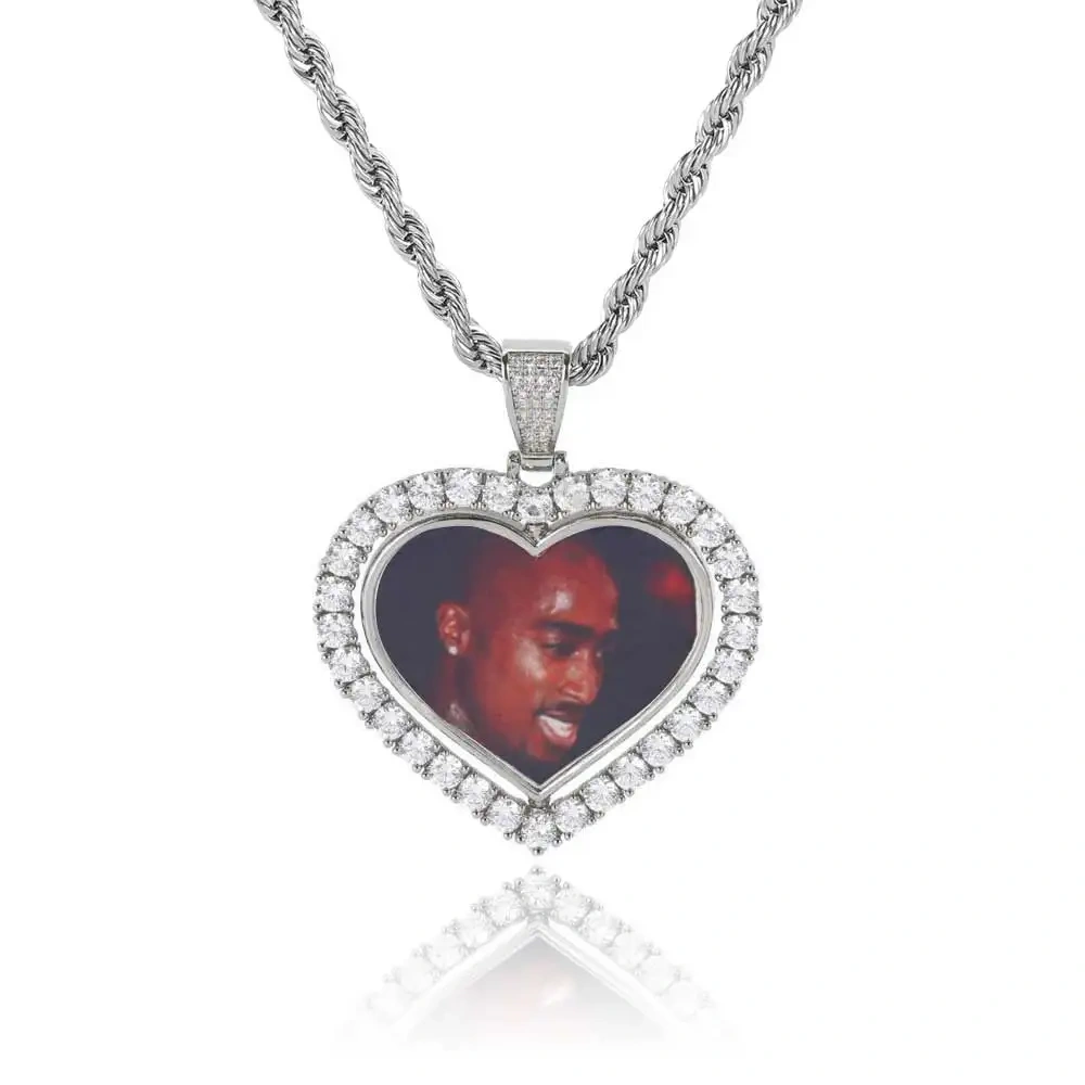 Custom Double Side Rotating Heart Necklace Personalized Family Memory Jewelry Heart Pendant Bling Diamond Necklaces For Couple