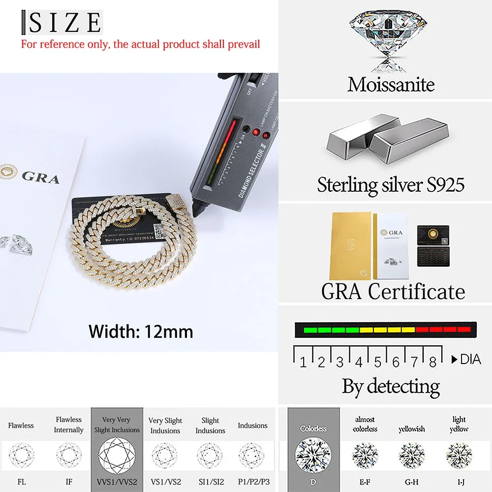 Hip Hop Jewelry VVS Certificate Double Row Iced 12MM S925 Sterling Silver Necklace Moissanite Diamond Miami Cuban Link Chain