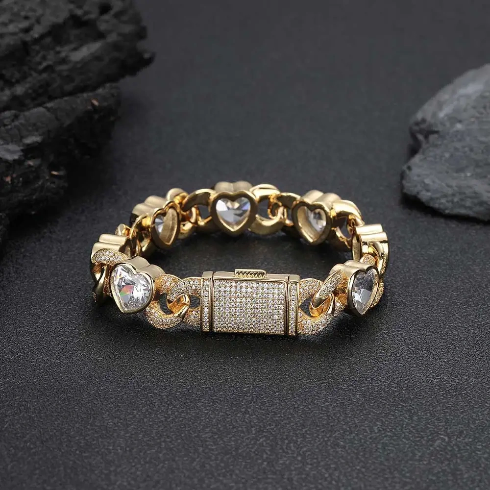 12MM New Design Heart Shape Cuban Link Bracelet Hip Hop Rapper Valentine's Iced Out Heart Cluster Charm Cuban Link Bracelet