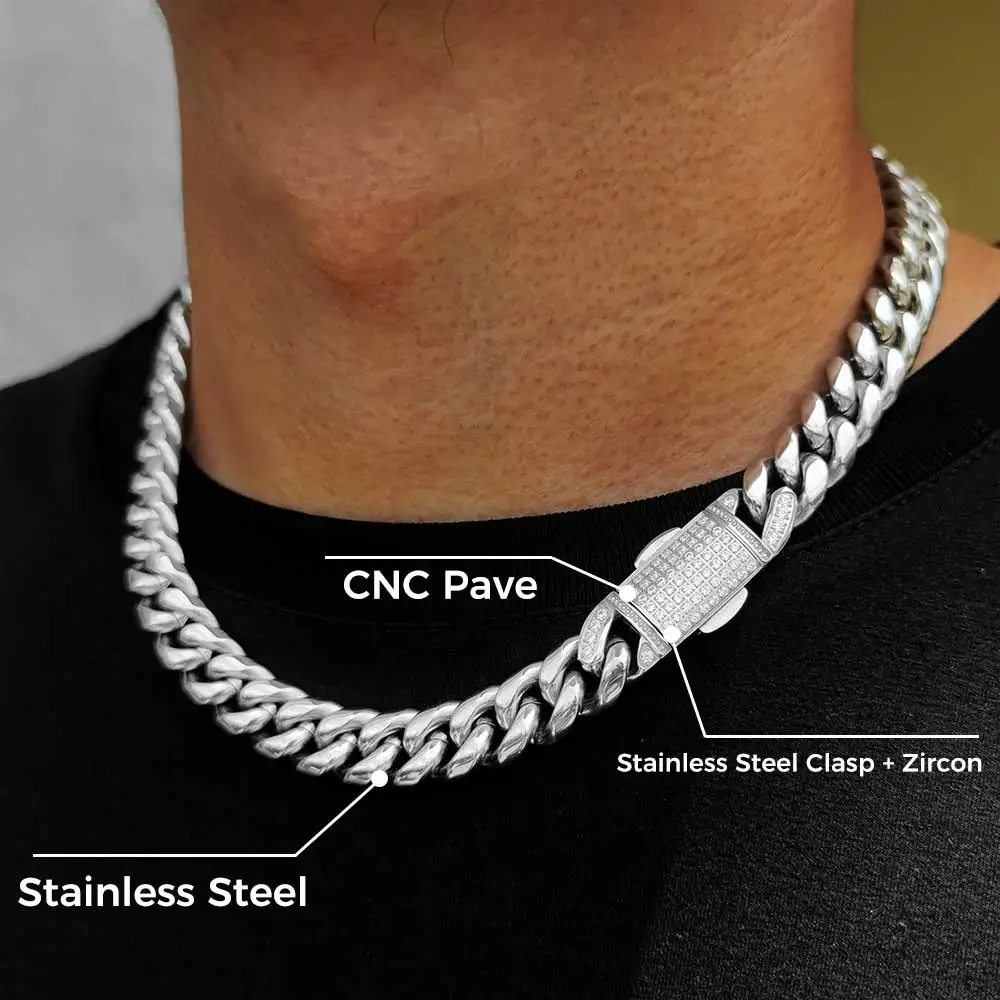 12mm Hip Hop Stainless Steel Jewelry Homme Cadena  Luxury Miami Cuban Link Chain Men Rapper Rock Necklace