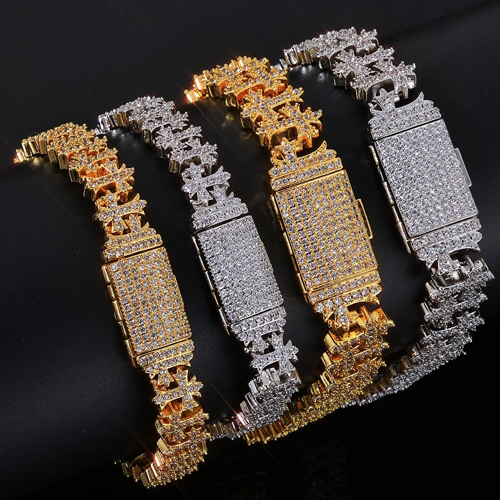 Luxury 8MM Cross Bracelet Hip Hop Style Iced CZ Diamond Brass Hand-Set Zircon Fashionable Charm Jewelry for Men Women